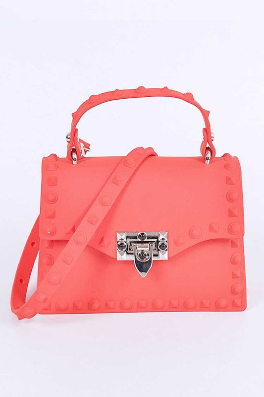 Tonal Studded Top Handle Swing Bag Red O/S by Artini Accessories | Fleurcouture