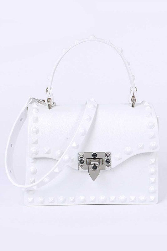 Tonal Studded Top Handle Swing Bag White O/S by Artini Accessories | Fleurcouture