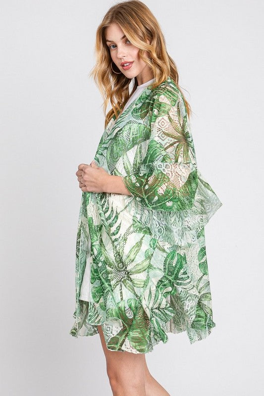 Tropical Leaf Printed Lace Kimono Cardigan Green O/S by Artini Accessories | Fleurcouture