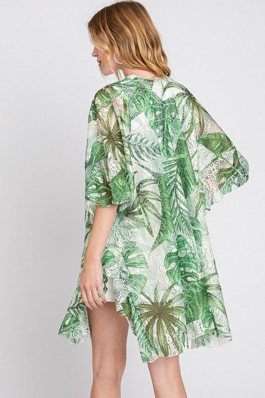 Tropical Leaf Printed Lace Kimono Cardigan Green O/S by Artini Accessories | Fleurcouture