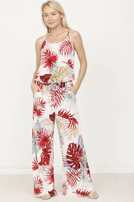 Tropical Spaghetti Strap Jumpsuit Ivory/ Red Leaf S by EG fashion | Fleurcouture