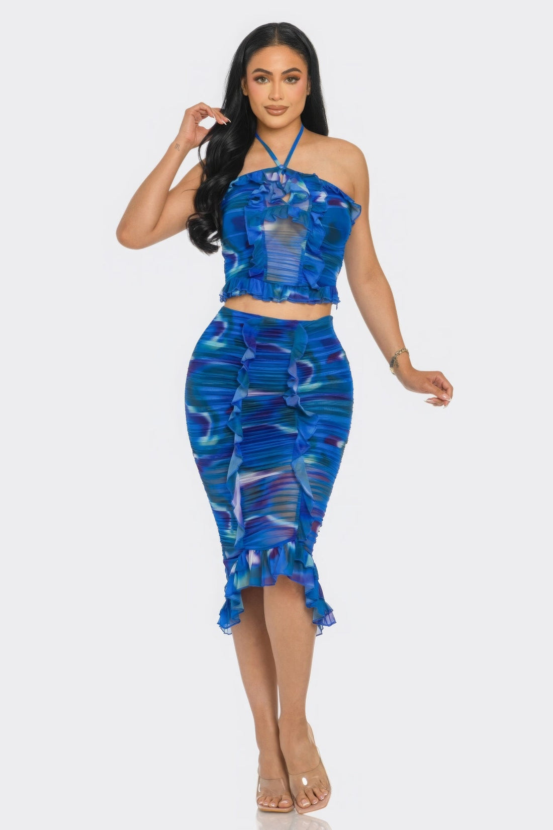 Tropical Waters Print Mesh Ruffle Halter Skirt Set by Fleurcouture | Fleurcouture