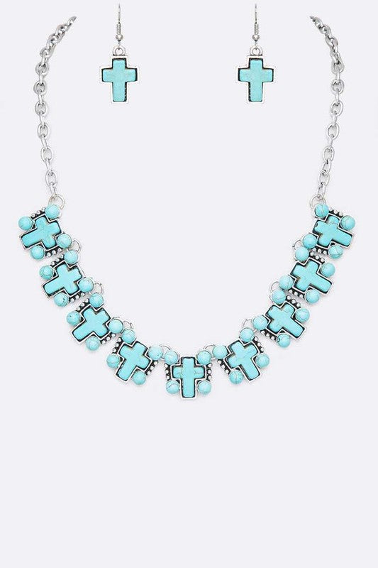 Turquoise Cross Collar Necklace Set Silver/Turquoise O/S by LA Jewelry Plaza | Fleurcouture