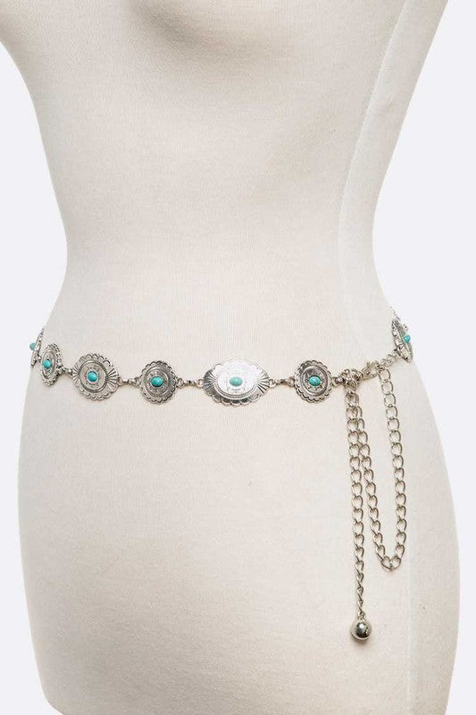 Turquoise Western Designed Fashion Chain Belt Silver/Turquoise O/S by LA Jewelry Plaza | Fleurcouture