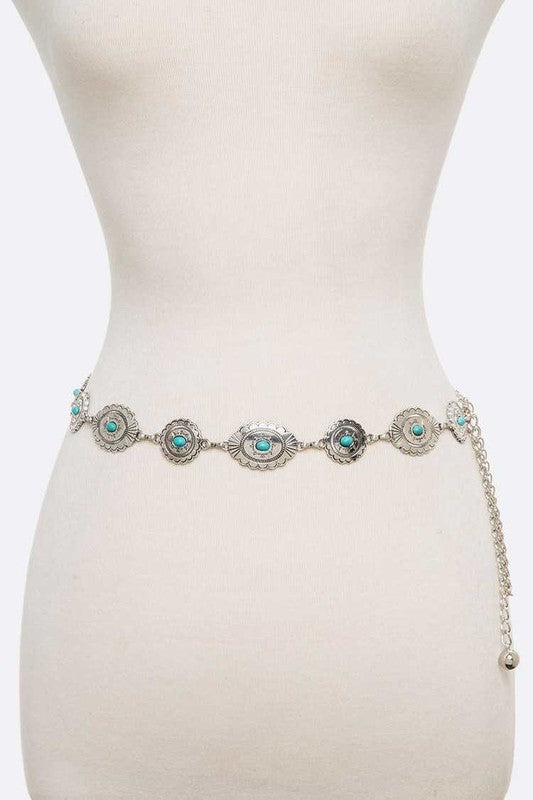 Turquoise Western Designed Fashion Chain Belt Silver/Turquoise O/S by LA Jewelry Plaza | Fleurcouture