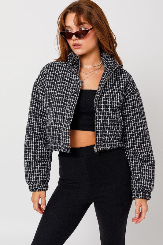 Tweed Crop Puffer Jacket BLACK-WHITE by LE LIS | Fleurcouture