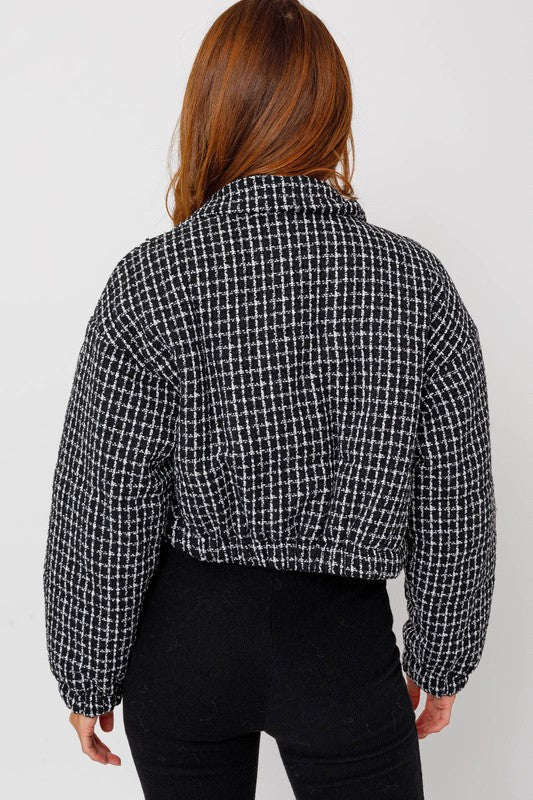 Tweed Crop Puffer Jacket BLACK-WHITE by LE LIS | Fleurcouture