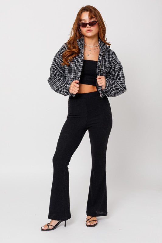 Tweed Crop Puffer Jacket BLACK-WHITE by LE LIS | Fleurcouture