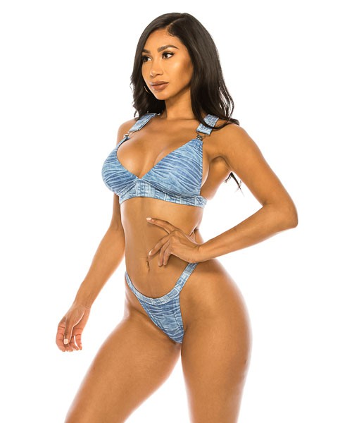 TWO PIECE BIG BUCKLE DENIM SWIMWEAR Denim by Mermaid Swimwear | Fleurcouture