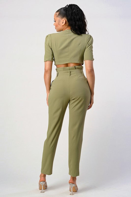 TWO PIECE PANT SET, BELT INCLUDED OLIVE by Athina | Fleurcouture