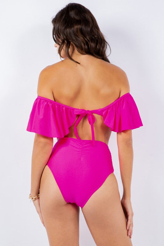 TWO PIECE TOP RUFFLE SHOULDER WITH TWISTED DESIGN by Mermaid Swimwear | Fleurcouture