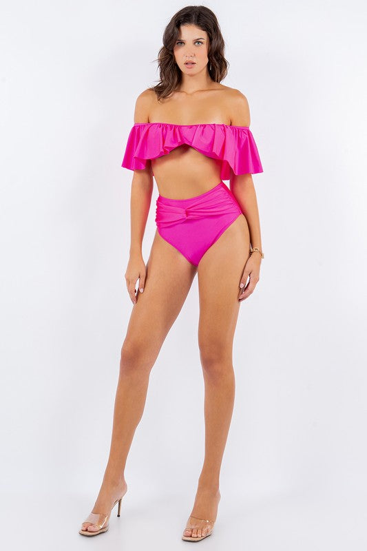 TWO PIECE TOP RUFFLE SHOULDER WITH TWISTED DESIGN by Mermaid Swimwear | Fleurcouture