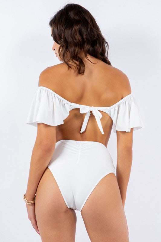 TWO PIECE TOP RUFFLE SHOULDER WITH TWISTED DESIGN by Mermaid Swimwear | Fleurcouture