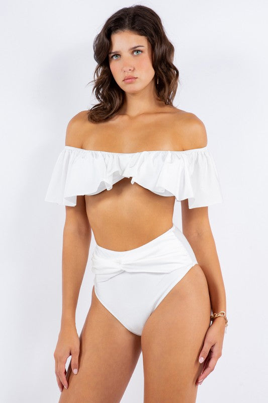 TWO PIECE TOP RUFFLE SHOULDER WITH TWISTED DESIGN White S by Mermaid Swimwear | Fleurcouture