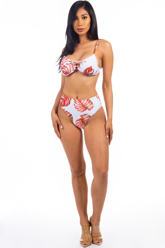 Two Piece Tropical Leave Print Bikini Red by Mermaid Swimwear | Fleurcouture