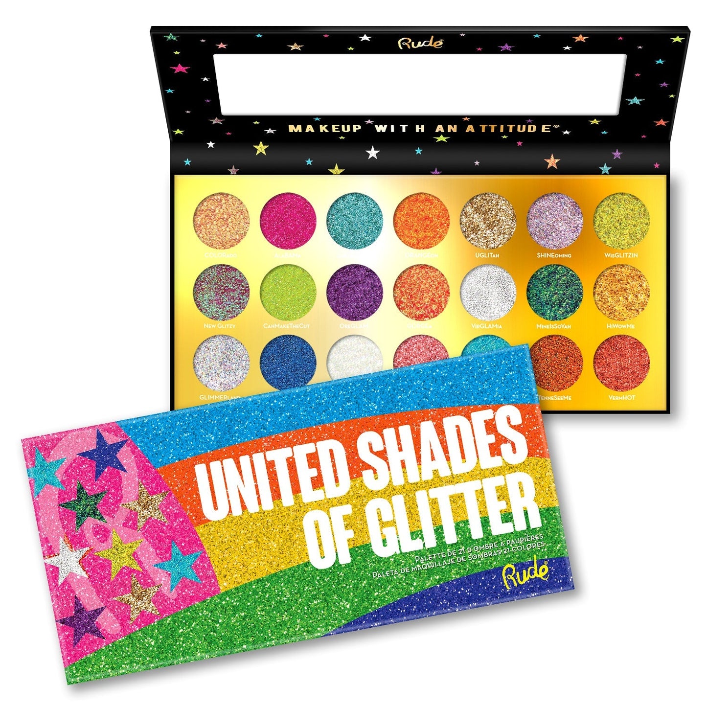 United Shades of Glitter - 21 Pressed Glitter Palette Face Palettes by Rude Cosmetics | Fleurcouture
