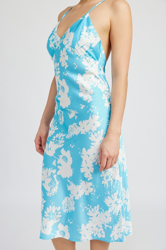 V NECK FLORAL DRESS WITH OPEN BACK TURQUOISE by Emory Park | Fleurcouture