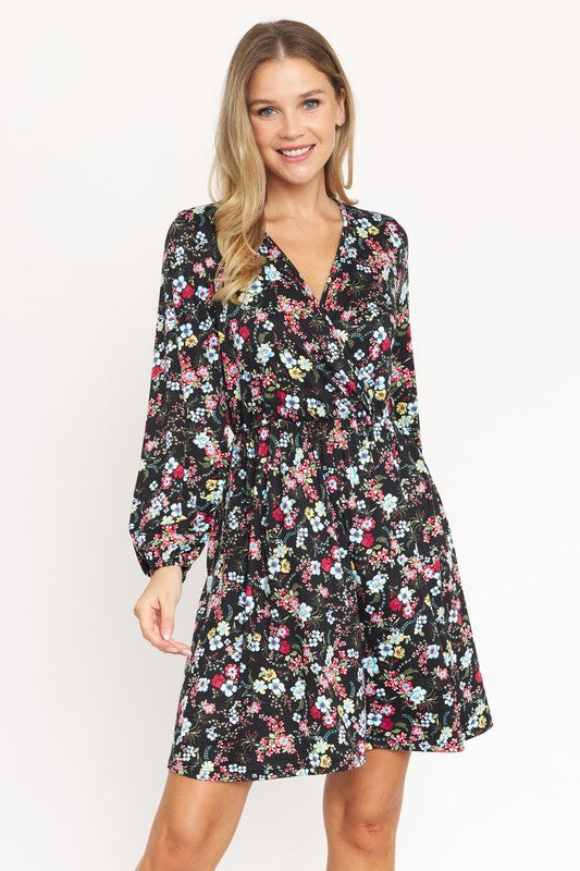 V-Neck Flowy Floral Mini Dress Black 1X by EG fashion | Fleurcouture