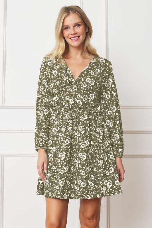 V-Neck Flowy Floral Mini Dress olive 1X by EG fashion | Fleurcouture