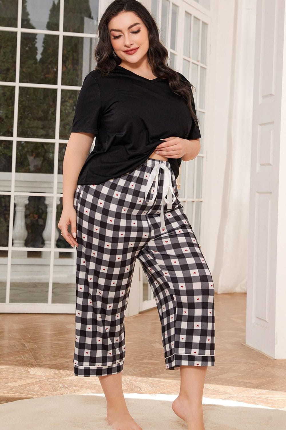 V-Neck Tee and Plaid Cropped Pants Lounge Set Black by Trendsi | Fleurcouture