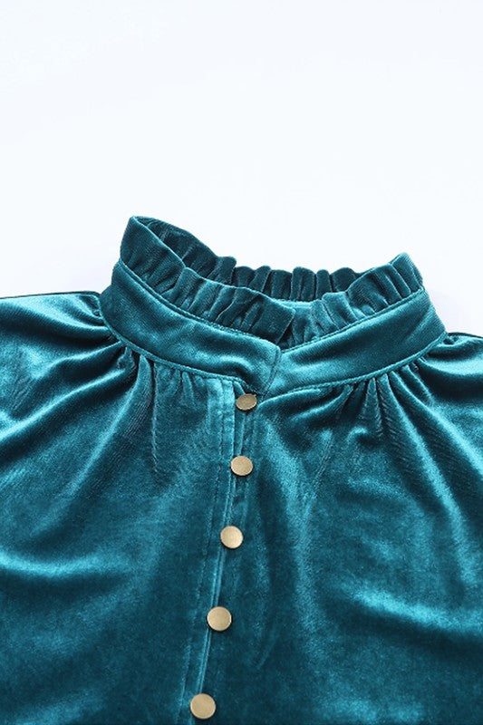 Velvet Button Frilled Neck Blouse Top by EG fashion | Fleurcouture