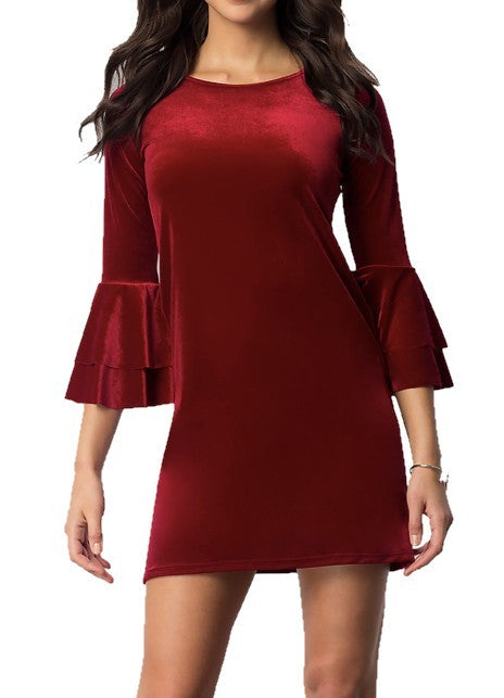 VELVET DOUBLE FLOUNCE 3/4 SLEEVE PARTY DRESS Burgundy S by Cheryl Creations | Fleurcouture