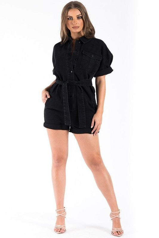 Vintage Romper In Black Denim black XS by GJG Denim | Fleurcouture