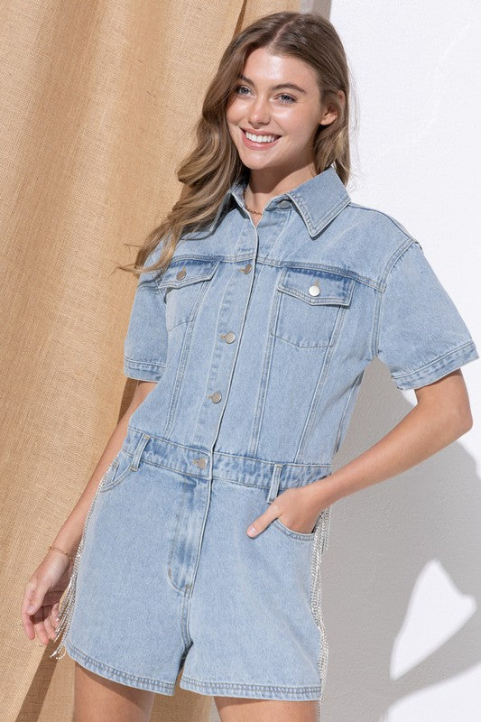 Washed Denim Overall Romper Denim S by Blue B | Fleurcouture