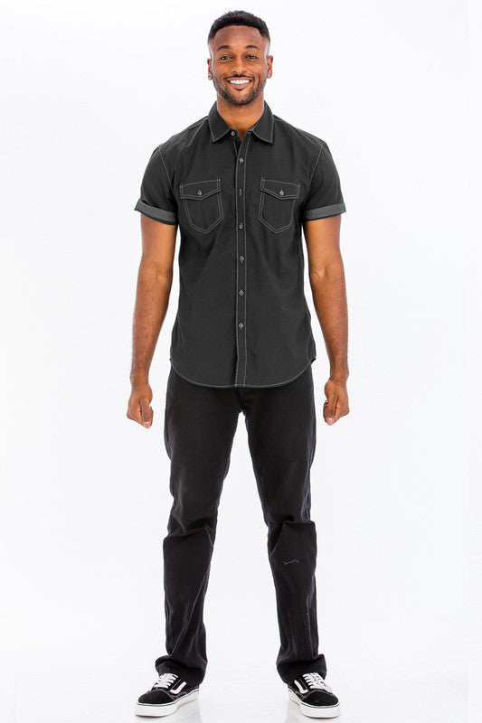 Weiv Outline Stitch Short Sleeve Shirt BLACK by WEIV | Fleurcouture
