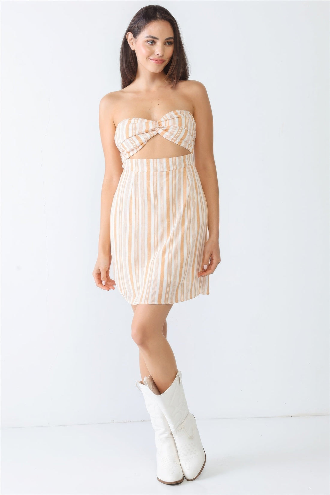 White & Apricot Stripe Print Strapless Twist Cut-out Smocked Back Mini Dress by Fleurcouture | Fleurcouture