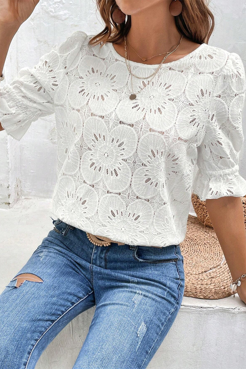 White Flower Eyelet Jacquard Keyhole Flounce Sleeve Top White 70%Cotton+30%Polyamide Tops/Tops & Tees by Fleurcouture | Fleurcouture