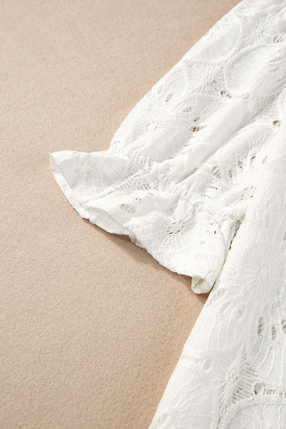 White Flower Eyelet Jacquard Keyhole Flounce Sleeve Top White 70%Cotton+30%Polyamide Tops/Tops & Tees by Fleurcouture | Fleurcouture