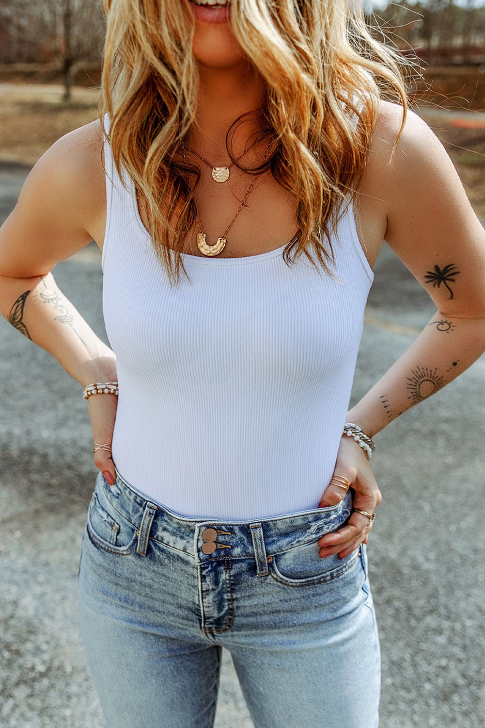 White Ribbed Knit Square Neck Sleeveless Bodysuit White 95%Polyester+5%Elastane Tops by Fleurcouture | Fleurcouture