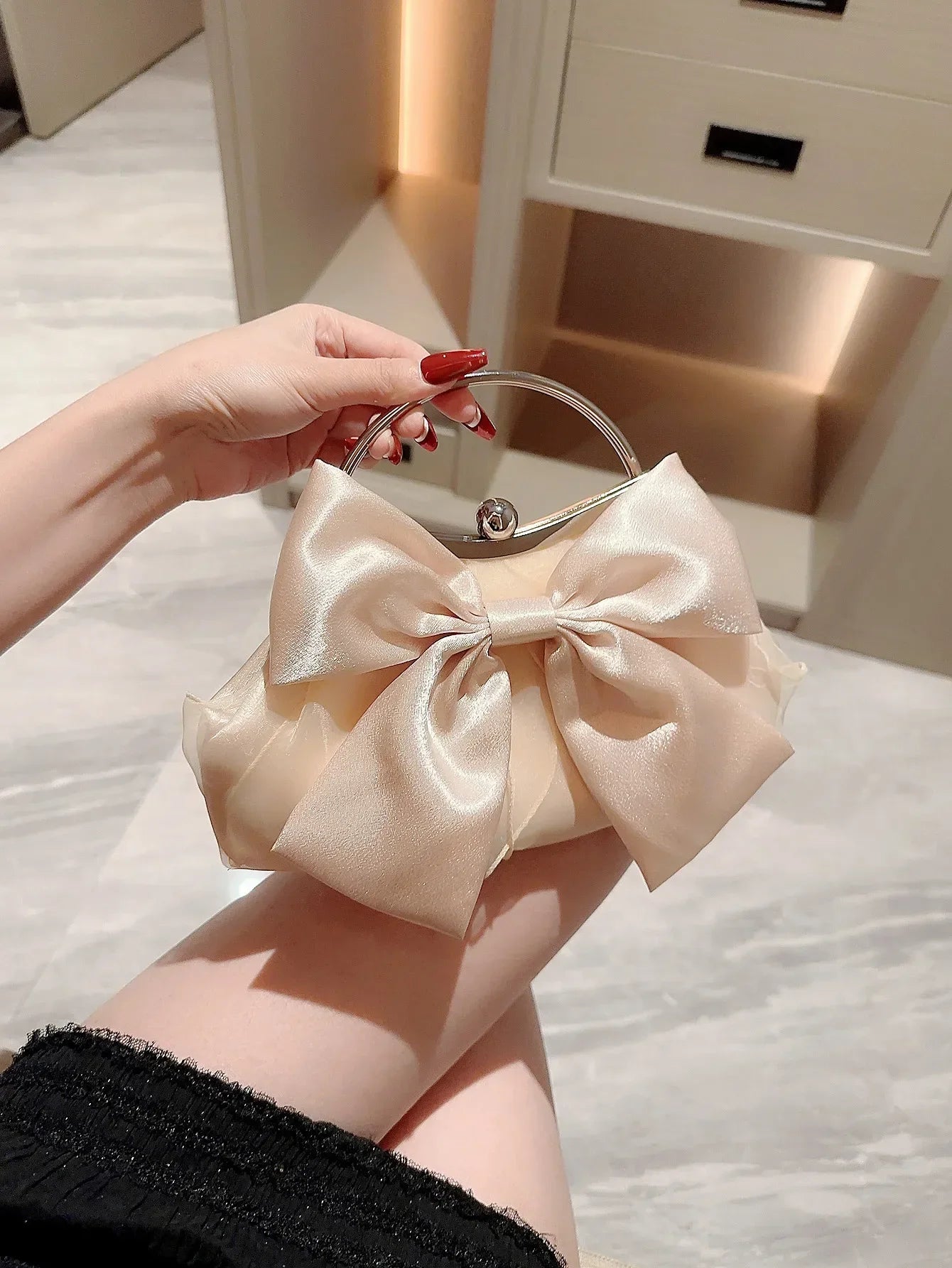 White Satin Bow Fairy Evening Bags Clutch Metal Handle Handbags for Women Wedding Party Bridal Clutches Purse Chain Shoulder Bag Champagne by Fleurcouture | Fleurcouture