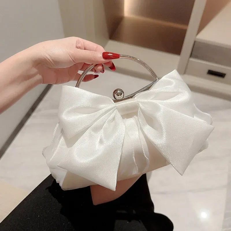 White Satin Bow Fairy Evening Bags Clutch Metal Handle Handbags for Women Wedding Party Bridal Clutches Purse Chain Shoulder Bag by Fleurcouture | Fleurcouture