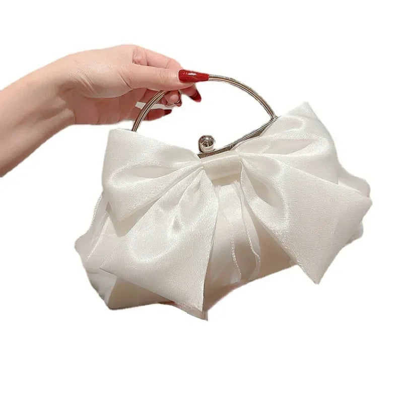 White Satin Bow Fairy Evening Bags Clutch Metal Handle Handbags for Women Wedding Party Bridal Clutches Purse Chain Shoulder Bag by Fleurcouture | Fleurcouture