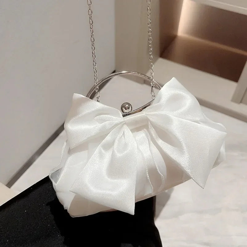White Satin Bow Fairy Evening Bags Clutch Metal Handle Handbags for Women Wedding Party Bridal Clutches Purse Chain Shoulder Bag by Fleurcouture | Fleurcouture