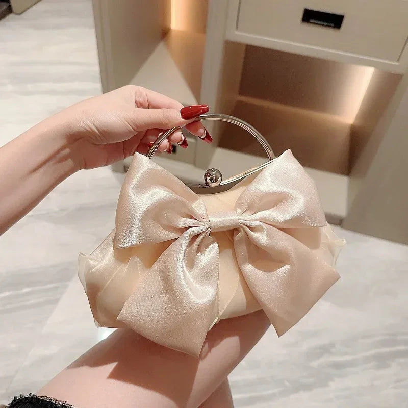 White Satin Bow Fairy Evening Bags Clutch Metal Handle Handbags for Women Wedding Party Bridal Clutches Purse Chain Shoulder Bag by Fleurcouture | Fleurcouture