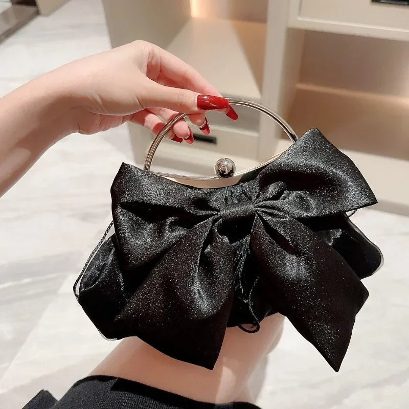 White Satin Bow Fairy Evening Bags Clutch Metal Handle Handbags for Women Wedding Party Bridal Clutches Purse Chain Shoulder Bag by Fleurcouture | Fleurcouture