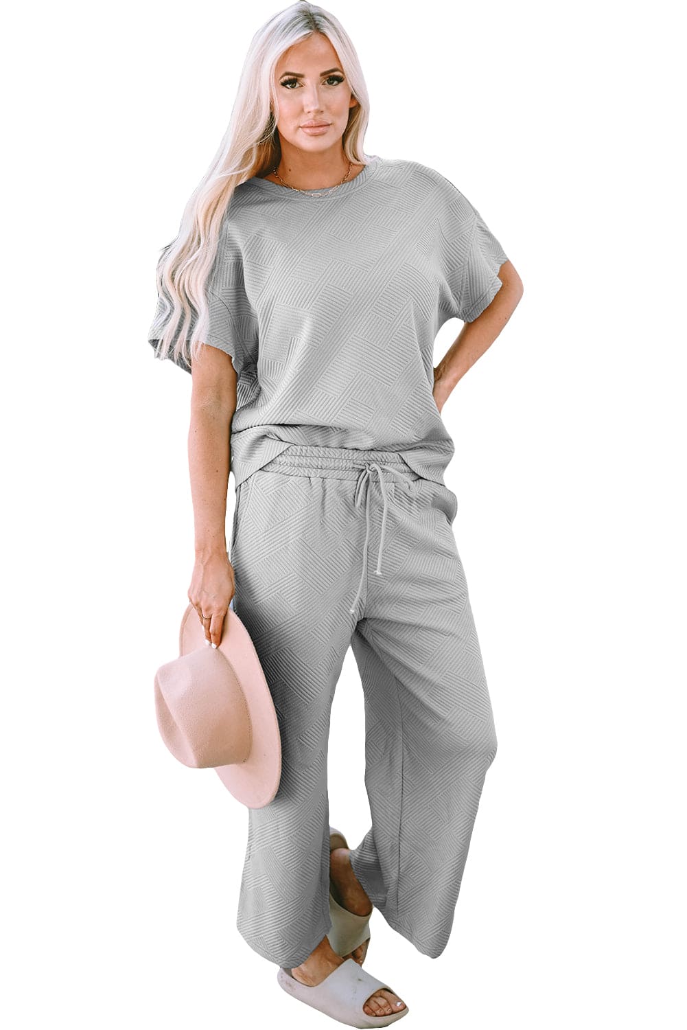 White Textured Loose Fit T Shirt and Drawstring Pants Set 95%Polyester+5%Elastane Two Piece Sets by Fleurcouture | Fleurcouture