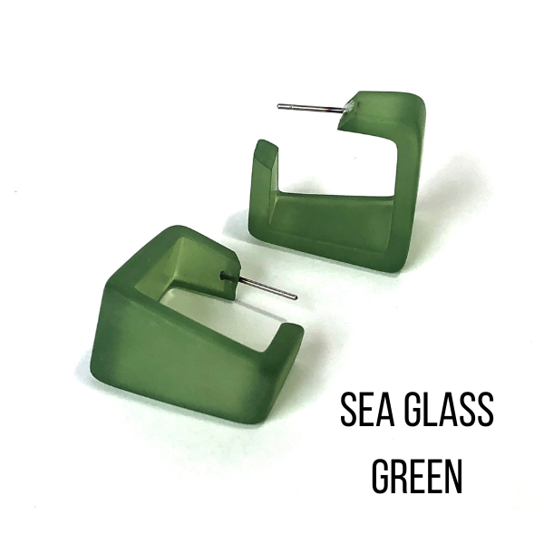 Wide Cubist Frosted Hoop Earrings Sea Glass Green Wide Cubist Square Hoops by Leetie Lovendale | Fleurcouture