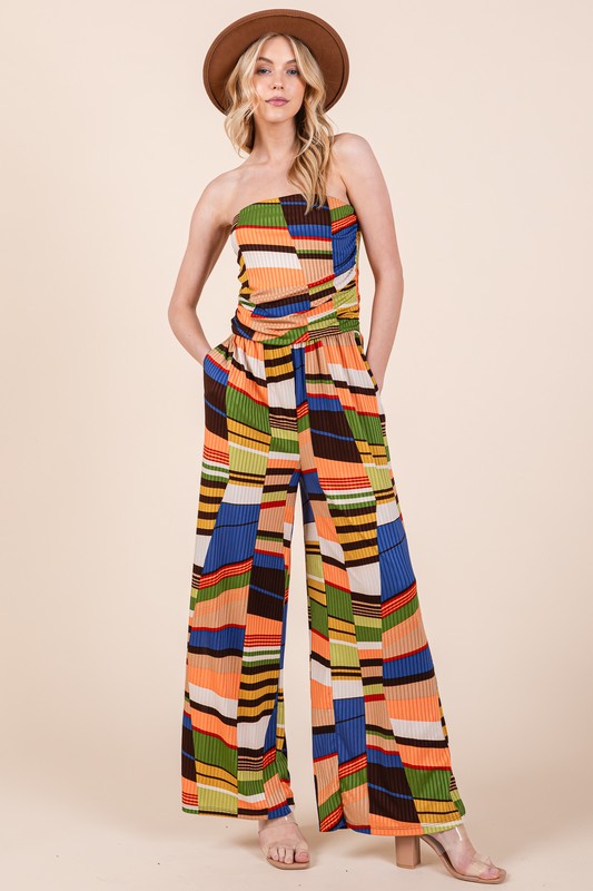Wide Leg Jumpsuit with Pockets Orange Combo S by Orange Farm Clothing | Fleurcouture