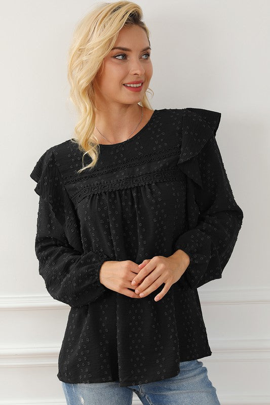 Women Eyelet Ruffle Shoulder Long Sleeve Blouse Black by YNIQUE | Fleurcouture