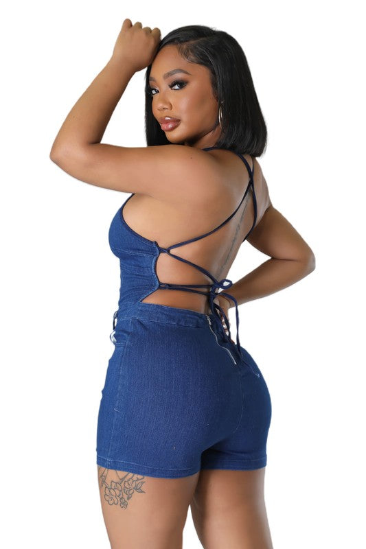 WOMEN FASHION DENIM ROMPER DARK DENIM S by By Claude | Fleurcouture