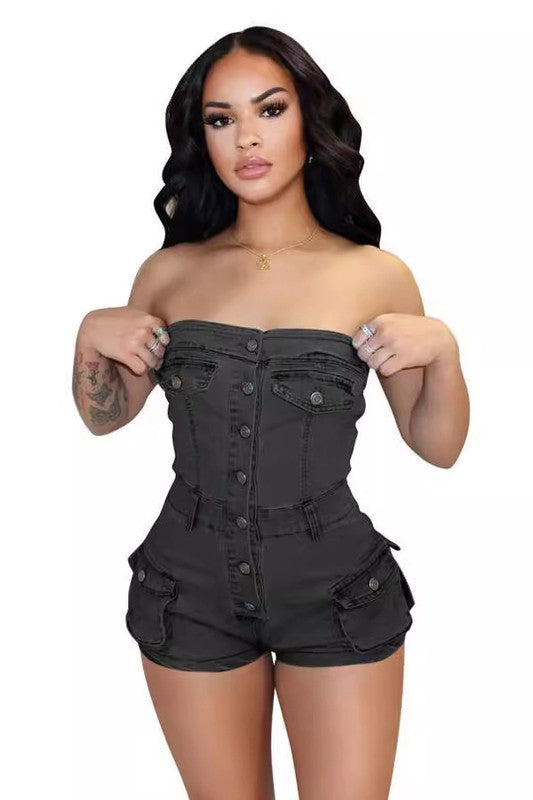 WOMEN FASHION DENIM ROMPERS BLACK S by By Claude | Fleurcouture