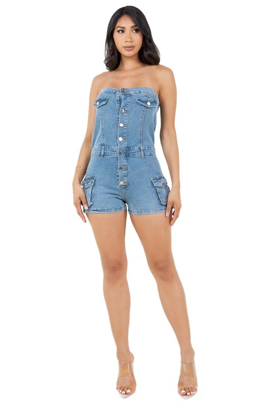 WOMEN FASHION DENIM ROMPERS BLUE S by By Claude | Fleurcouture