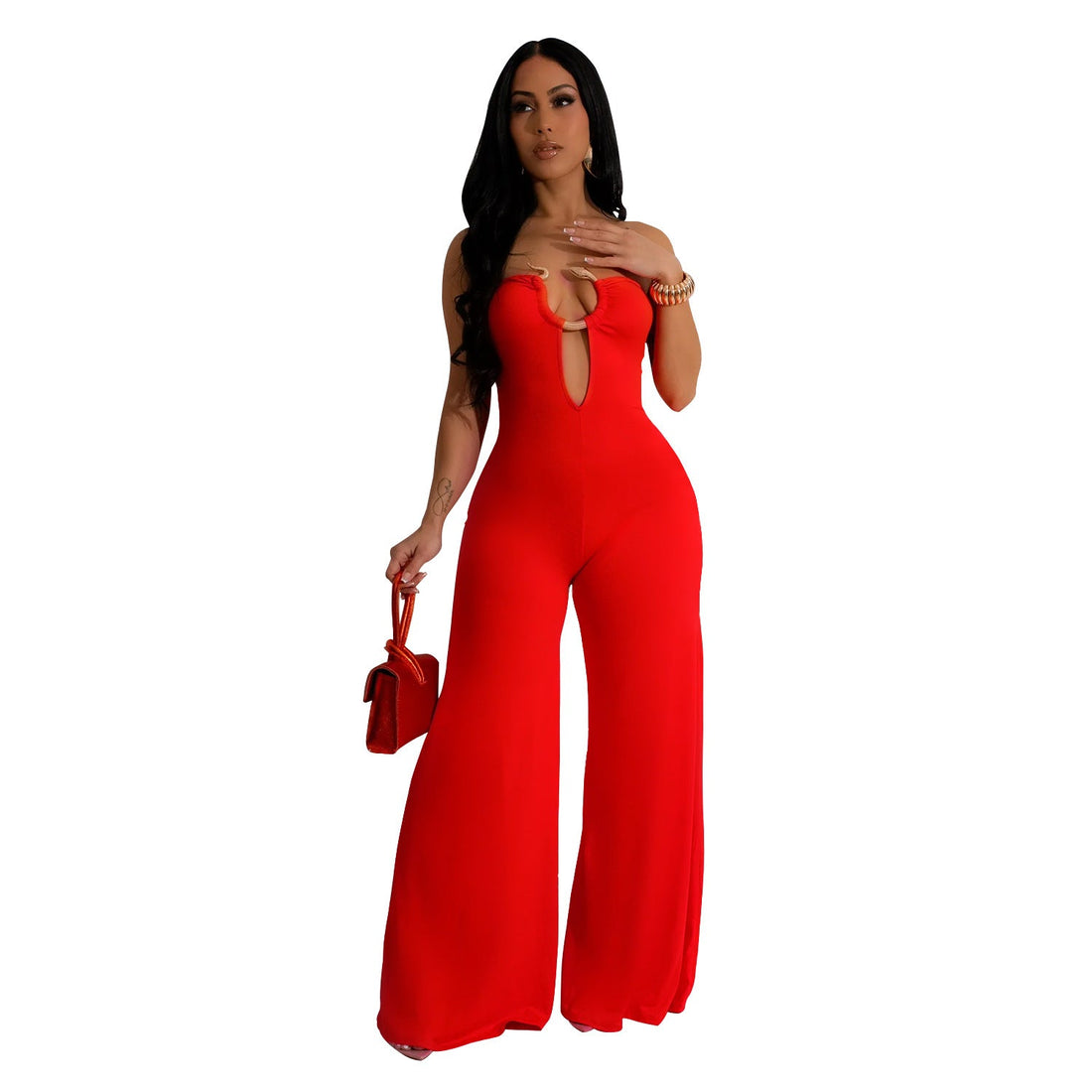 Women Wear Solid Color Trousers Jumpsuit Women M Red by Miss Siss | Fleurcouture