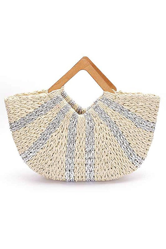 Wooden Handle Metallic Straw Basket Tote Ivory O/S by Artini Accessories | Fleurcouture