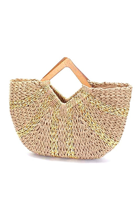 Wooden Handle Metallic Straw Basket Tote Khaki O/S by Artini Accessories | Fleurcouture
