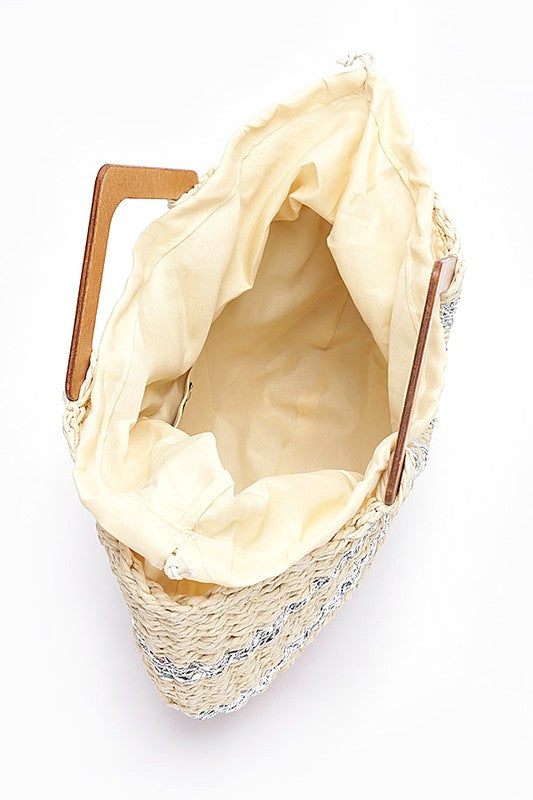 Wooden Handle Metallic Straw Basket Tote O/S by Artini Accessories | Fleurcouture